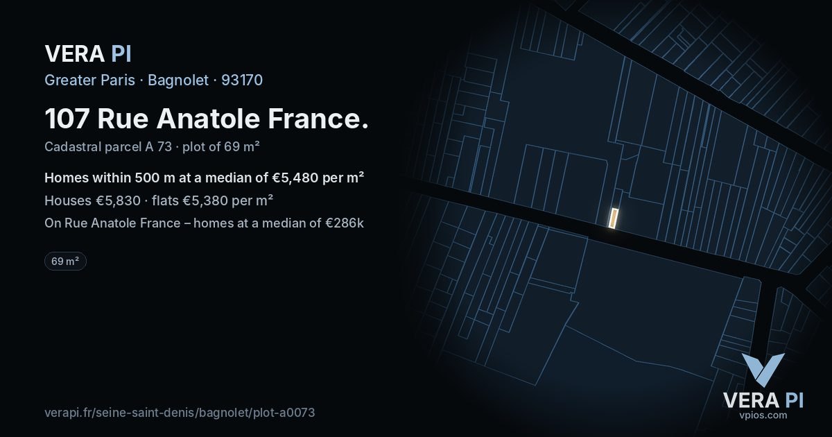 107 Rue Anatole France, Bagnolet at night – the plot lit, the parcels around coloured by the prices near them