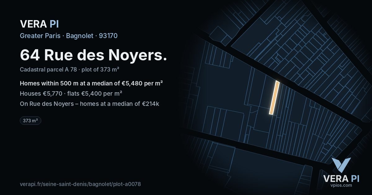 64 Rue des Noyers, Bagnolet at night – the plot lit, the parcels around coloured by the prices near them