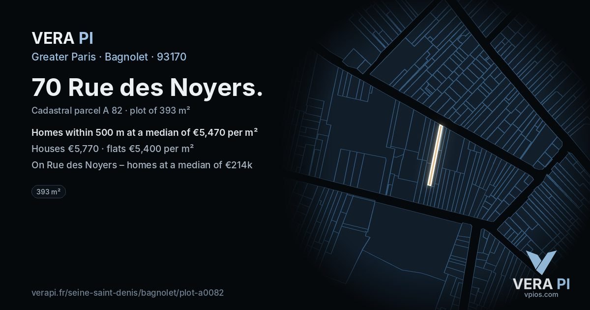 70 Rue des Noyers, Bagnolet at night – the plot lit, the parcels around coloured by the prices near them
