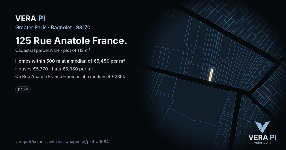 125 Rue Anatole France, Bagnolet at night – the plot lit, the parcels around coloured by the prices near them
