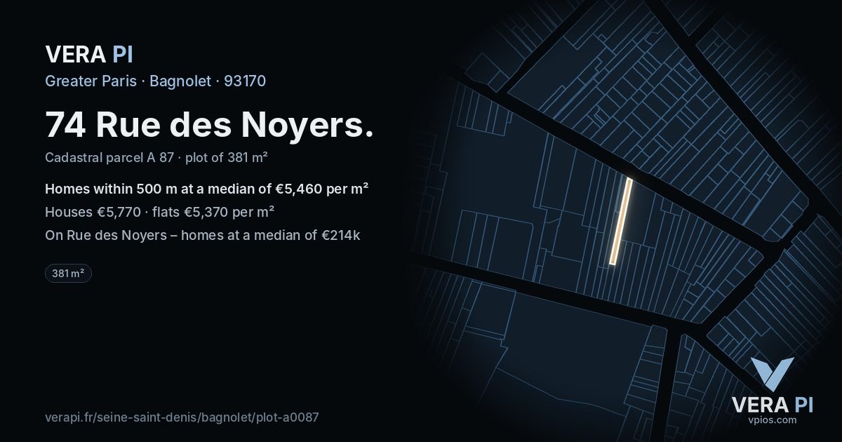74 Rue des Noyers, Bagnolet at night – the plot lit, the parcels around coloured by the prices near them