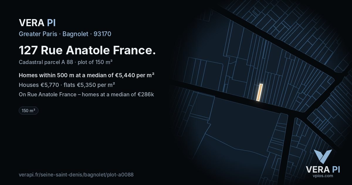127 Rue Anatole France, Bagnolet at night – the plot lit, the parcels around coloured by the prices near them