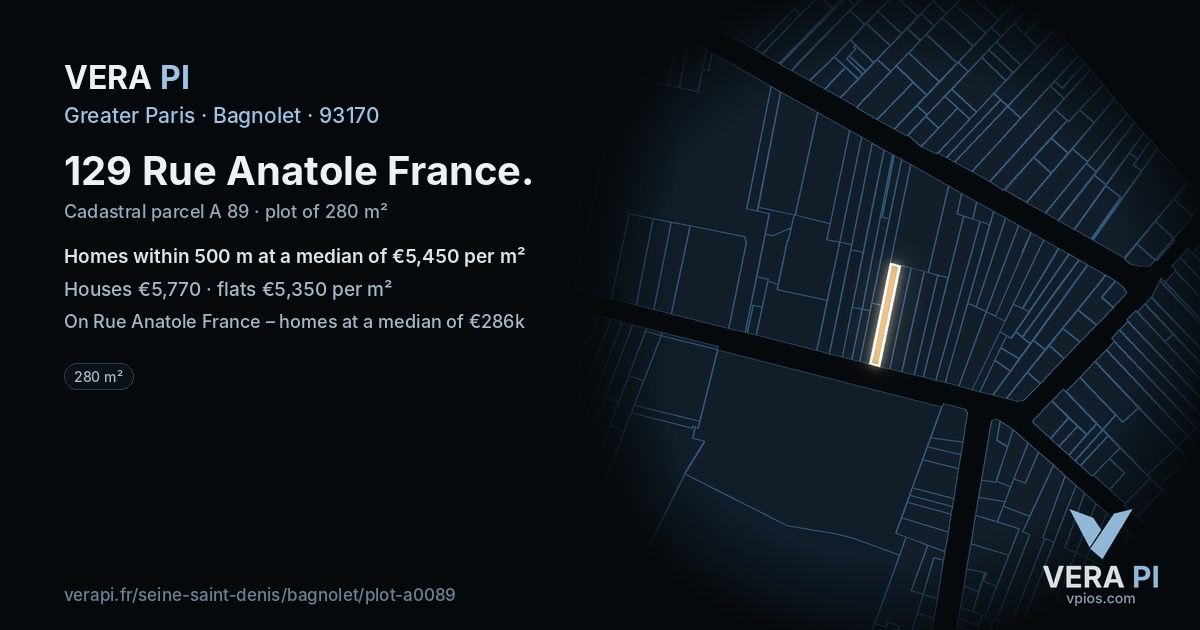 129 Rue Anatole France, Bagnolet at night – the plot lit, the parcels around coloured by the prices near them