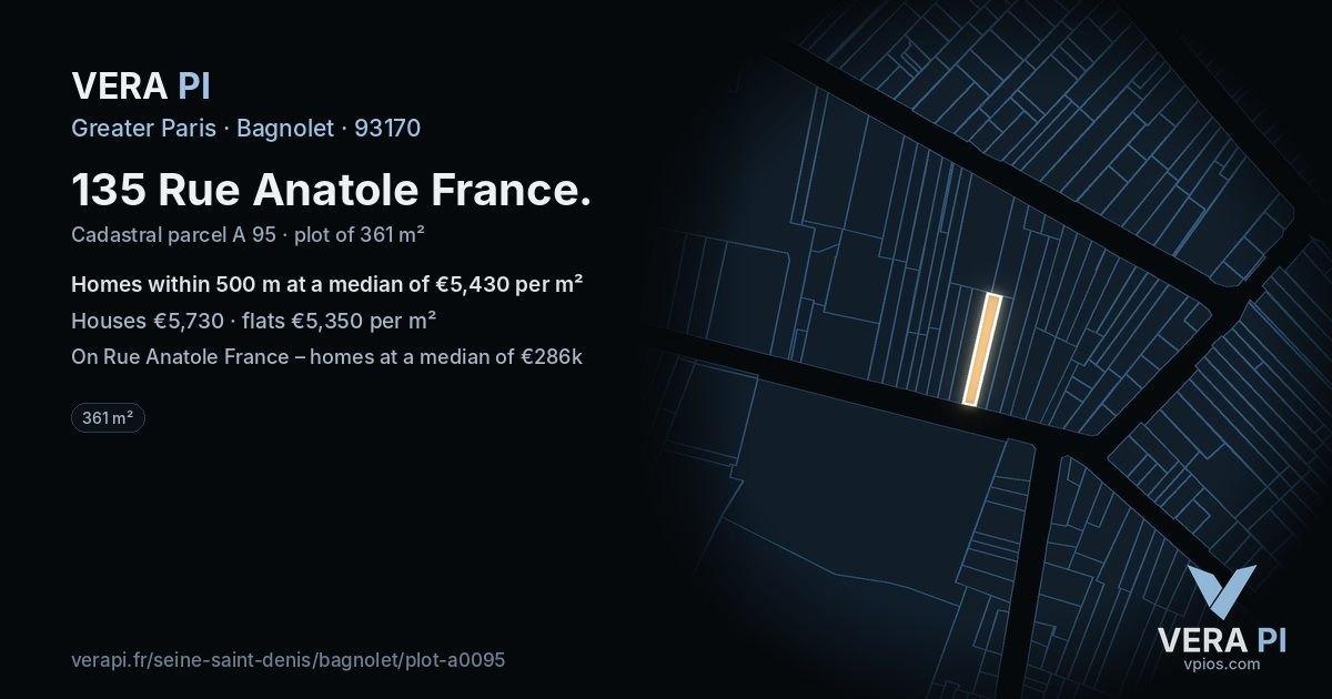 135 Rue Anatole France, Bagnolet at night – the plot lit, the parcels around coloured by the prices near them