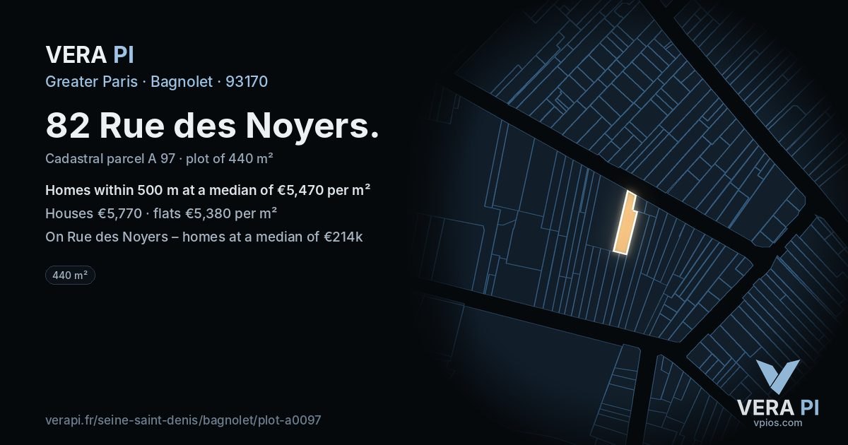 82 Rue des Noyers, Bagnolet at night – the plot lit, the parcels around coloured by the prices near them