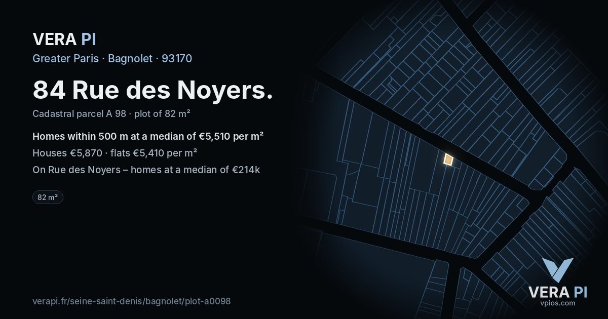 84 Rue des Noyers, Bagnolet at night – the plot lit, the parcels around coloured by the prices near them