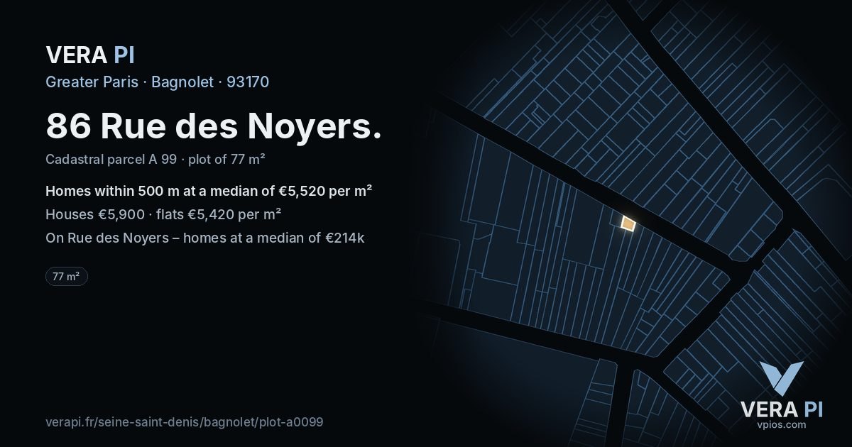 86 Rue des Noyers, Bagnolet at night – the plot lit, the parcels around coloured by the prices near them