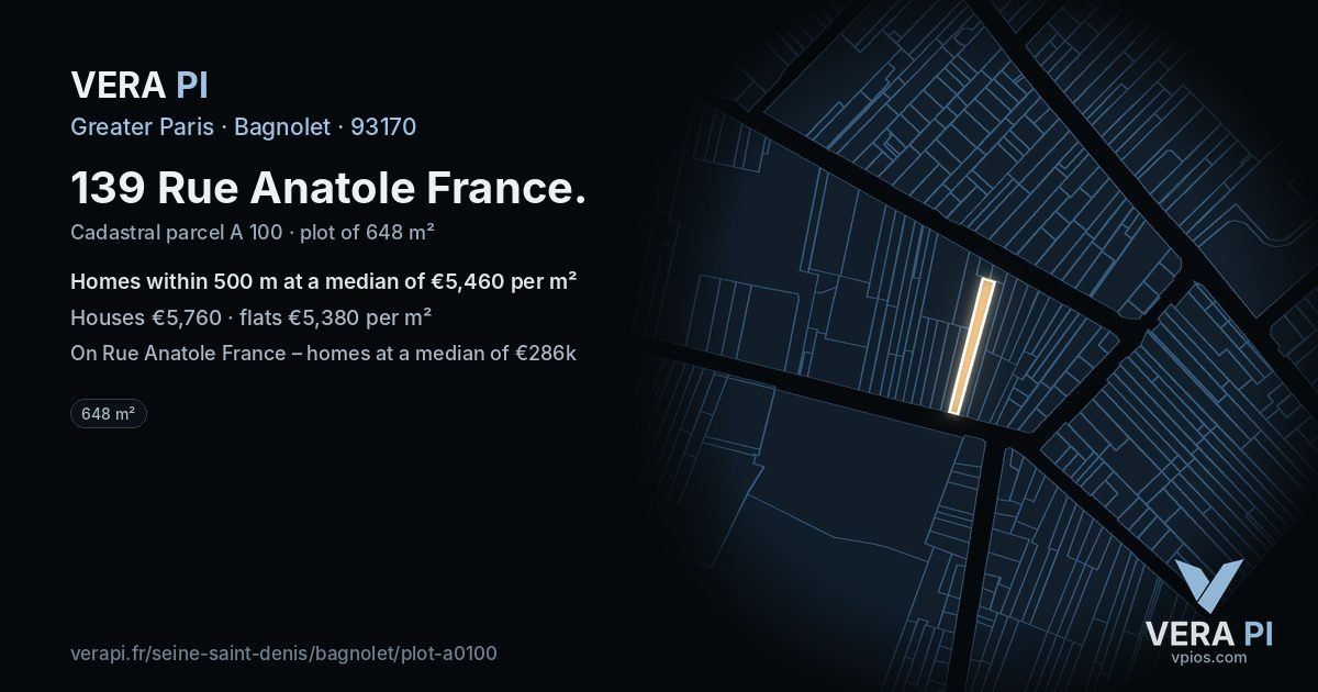 139 Rue Anatole France, Bagnolet at night – the plot lit, the parcels around coloured by the prices near them