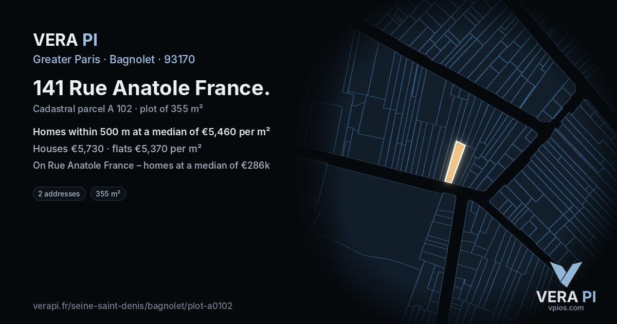 141 Rue Anatole France, Bagnolet at night – the plot lit, the parcels around coloured by the prices near them