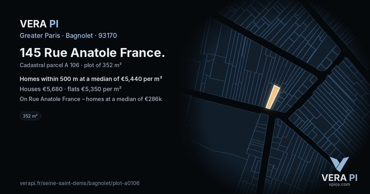 145 Rue Anatole France, Bagnolet at night – the plot lit, the parcels around coloured by the prices near them