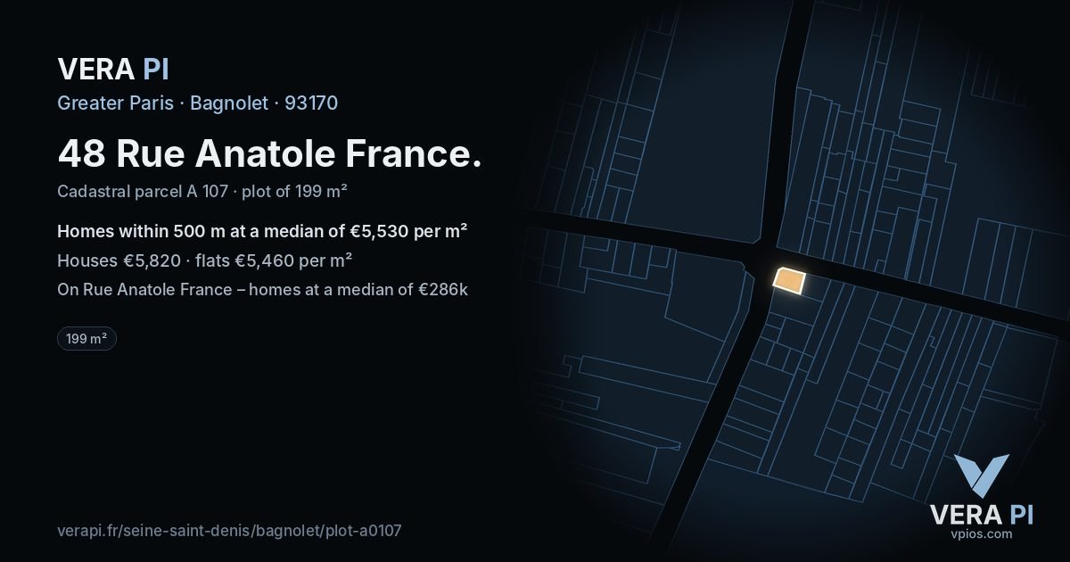 48 Rue Anatole France, Bagnolet at night – the plot lit, the parcels around coloured by the prices near them