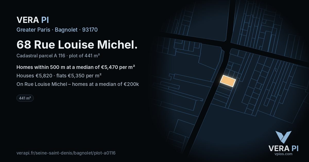 68 Rue Louise Michel, Bagnolet at night – the plot lit, the parcels around coloured by the prices near them