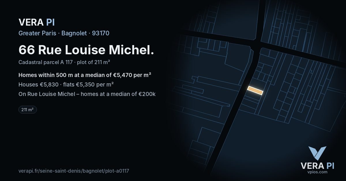 66 Rue Louise Michel, Bagnolet at night – the plot lit, the parcels around coloured by the prices near them