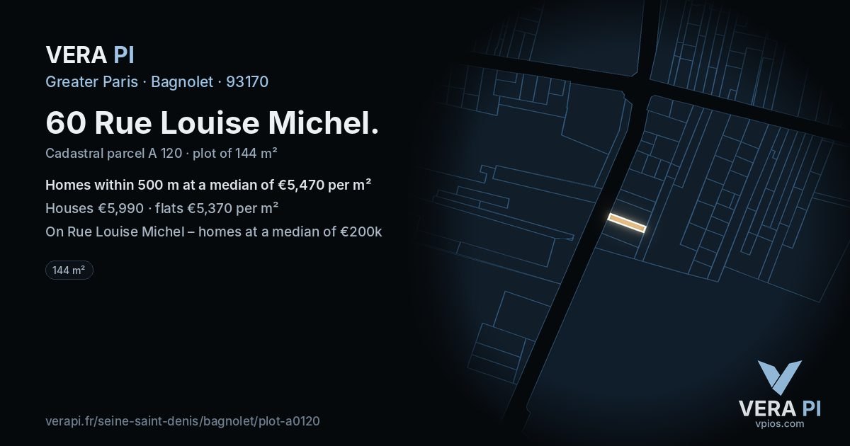 60 Rue Louise Michel, Bagnolet at night – the plot lit, the parcels around coloured by the prices near them