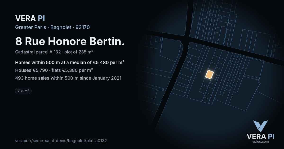 8 Rue Honore Bertin, Bagnolet at night – the plot lit, the parcels around coloured by the prices near them