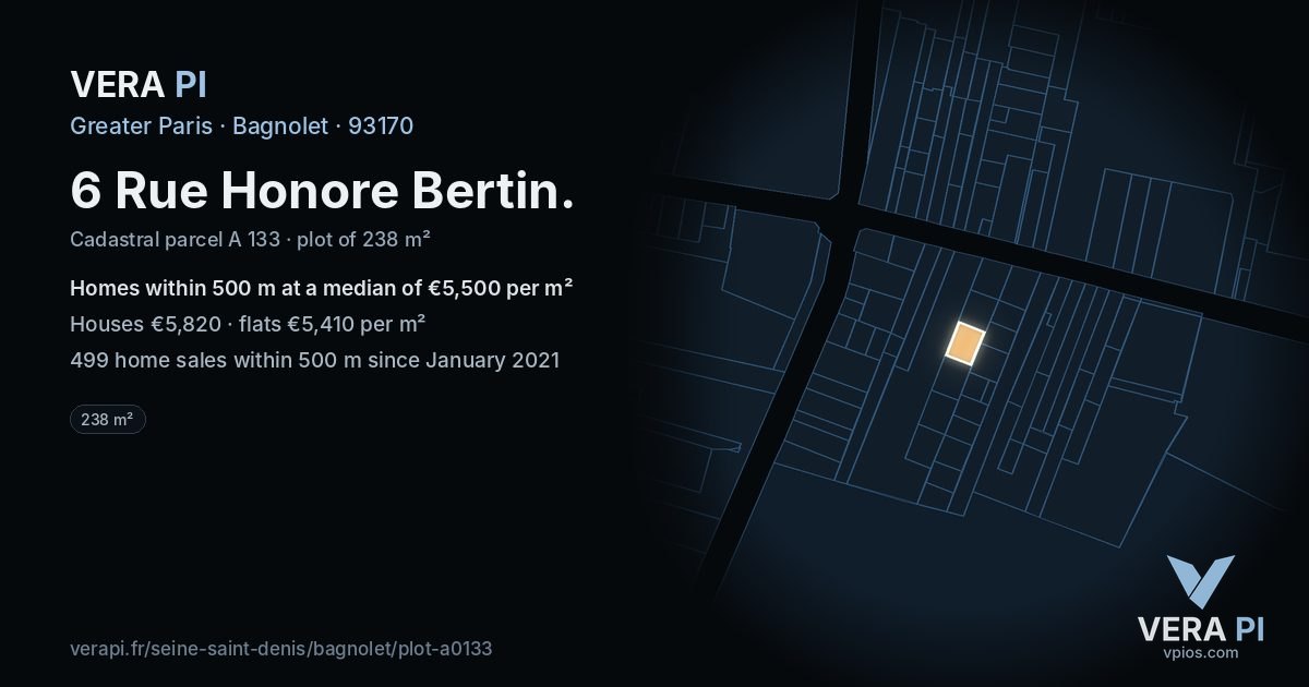 6 Rue Honore Bertin, Bagnolet at night – the plot lit, the parcels around coloured by the prices near them