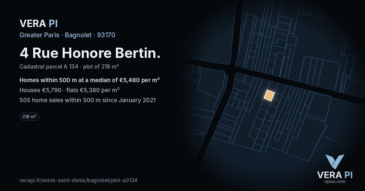 4 Rue Honore Bertin, Bagnolet at night – the plot lit, the parcels around coloured by the prices near them