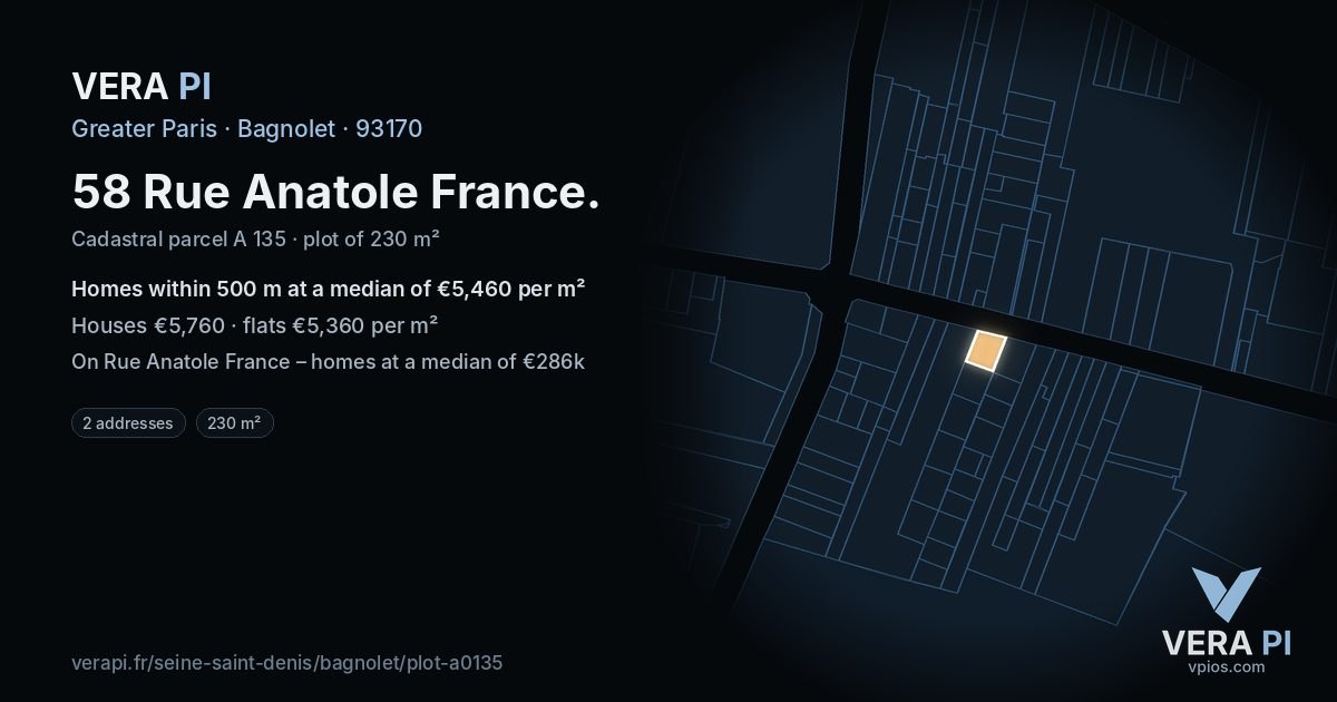 58 Rue Anatole France, Bagnolet at night – the plot lit, the parcels around coloured by the prices near them