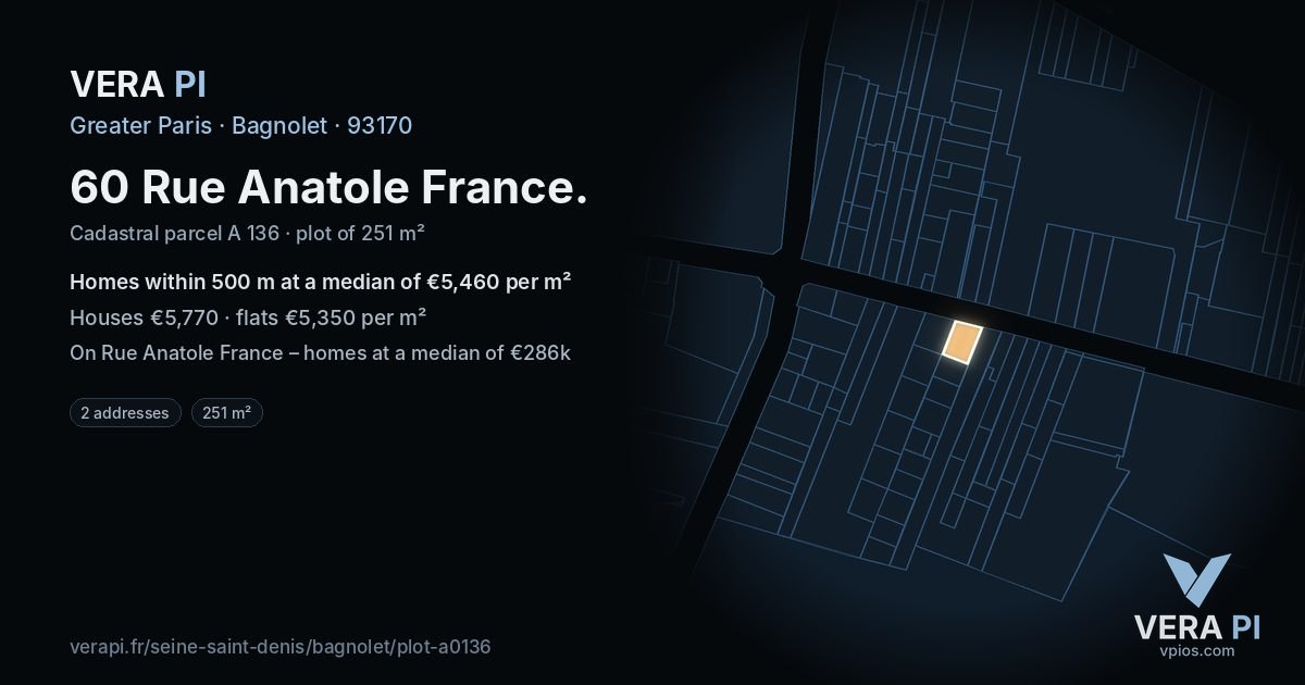 60 Rue Anatole France, Bagnolet at night – the plot lit, the parcels around coloured by the prices near them
