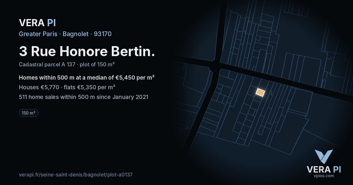 3 Rue Honore Bertin, Bagnolet at night – the plot lit, the parcels around coloured by the prices near them