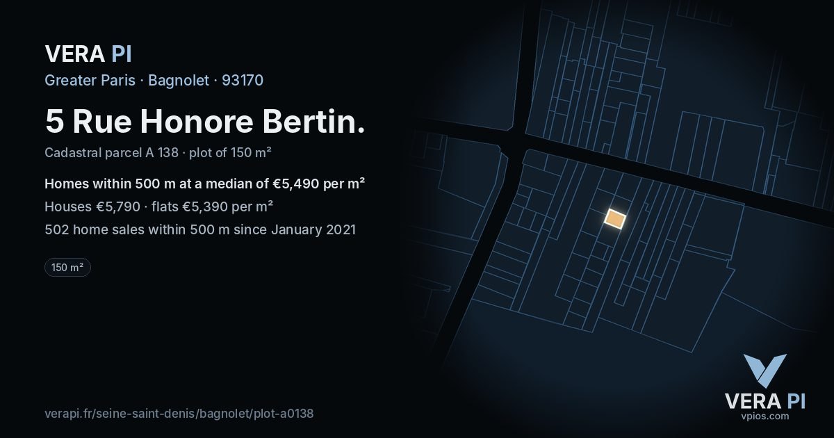 5 Rue Honore Bertin, Bagnolet at night – the plot lit, the parcels around coloured by the prices near them