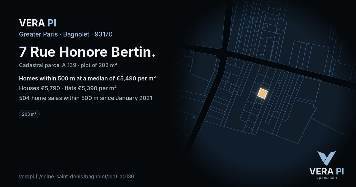 7 Rue Honore Bertin, Bagnolet at night – the plot lit, the parcels around coloured by the prices near them