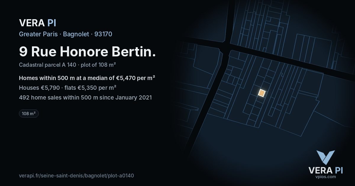 9 Rue Honore Bertin, Bagnolet at night – the plot lit, the parcels around coloured by the prices near them