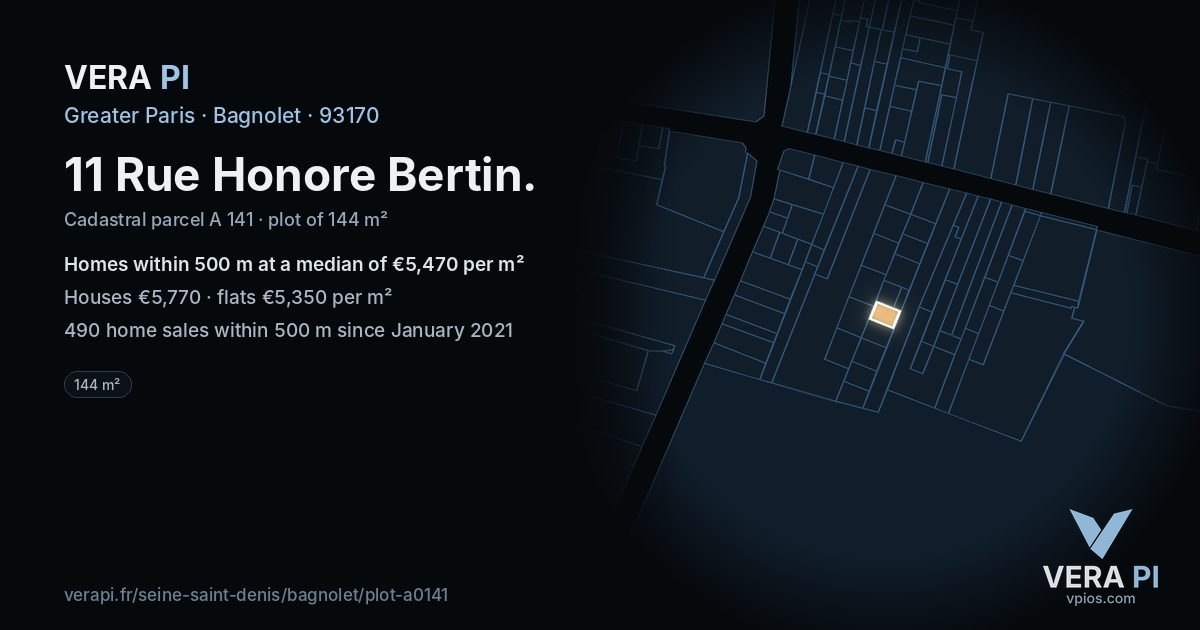 11 Rue Honore Bertin, Bagnolet at night – the plot lit, the parcels around coloured by the prices near them