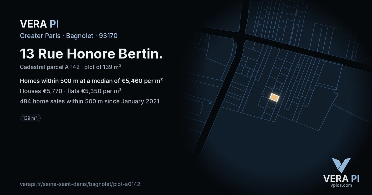 13 Rue Honore Bertin, Bagnolet at night – the plot lit, the parcels around coloured by the prices near them