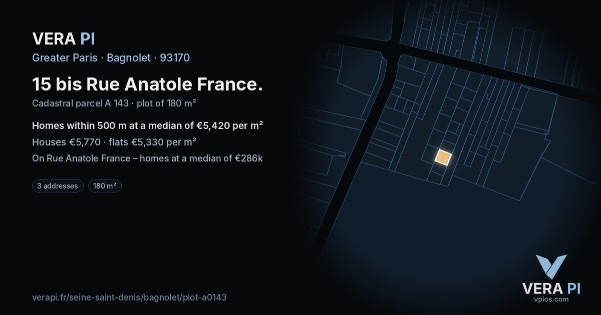 15 bis Rue Anatole France, Bagnolet at night – the plot lit, the parcels around coloured by the prices near them