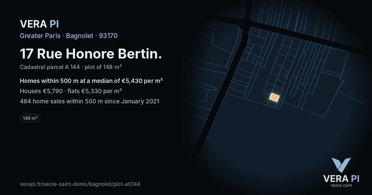17 Rue Honore Bertin, Bagnolet at night – the plot lit, the parcels around coloured by the prices near them