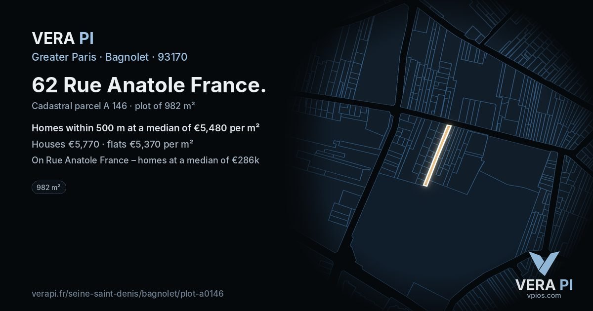 62 Rue Anatole France, Bagnolet at night – the plot lit, the parcels around coloured by the prices near them