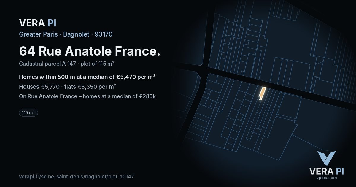 64 Rue Anatole France, Bagnolet at night – the plot lit, the parcels around coloured by the prices near them