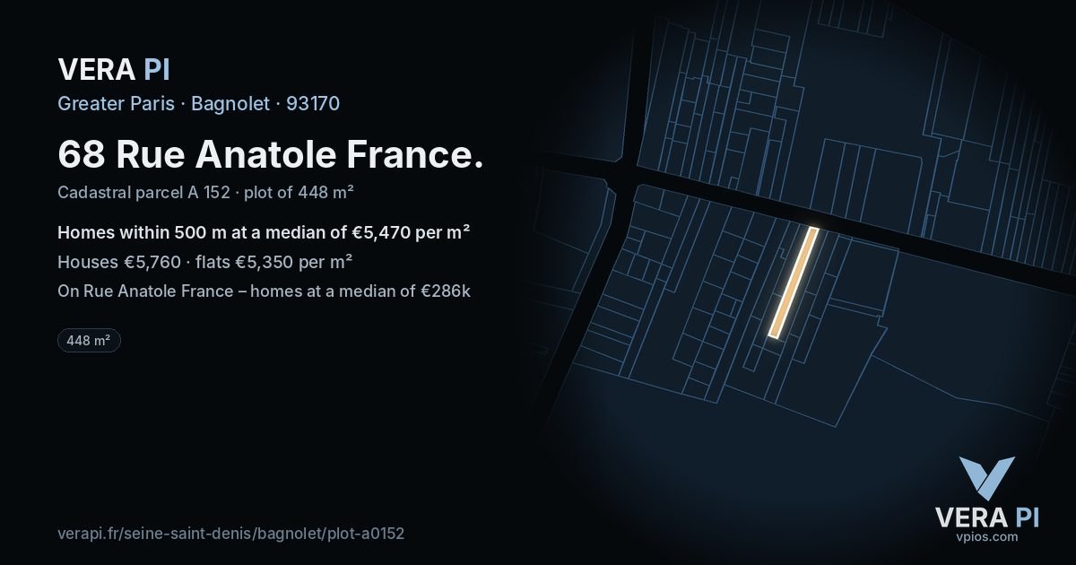 68 Rue Anatole France, Bagnolet at night – the plot lit, the parcels around coloured by the prices near them