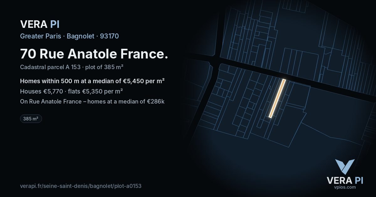 70 Rue Anatole France, Bagnolet at night – the plot lit, the parcels around coloured by the prices near them
