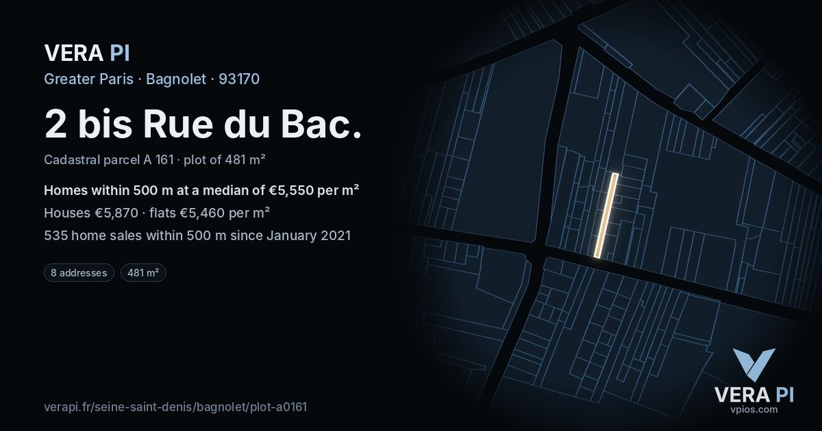 2 bis Rue du Bac, Bagnolet at night – the plot lit, the parcels around coloured by the prices near them
