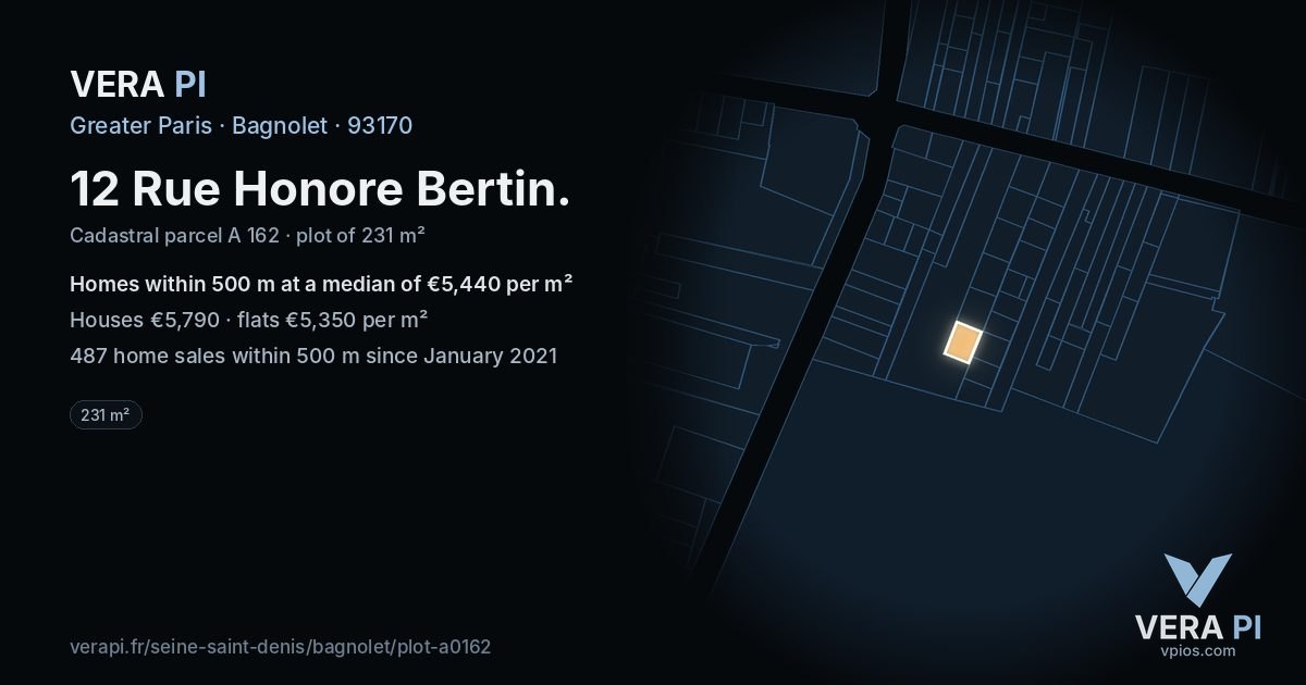 12 Rue Honore Bertin, Bagnolet at night – the plot lit, the parcels around coloured by the prices near them