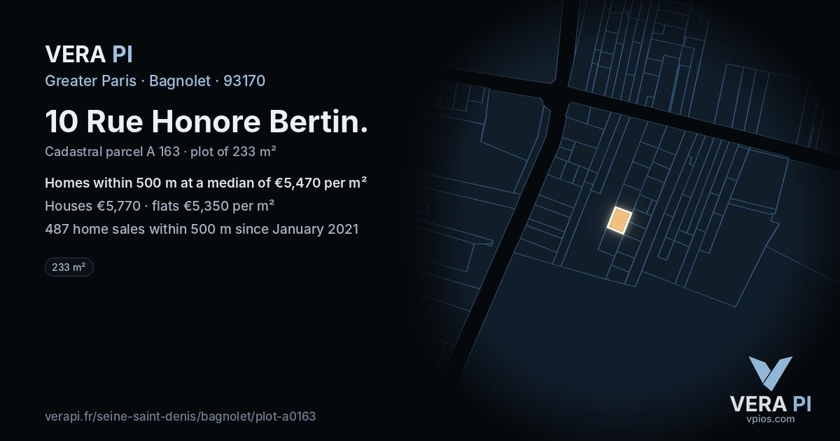 10 Rue Honore Bertin, Bagnolet at night – the plot lit, the parcels around coloured by the prices near them