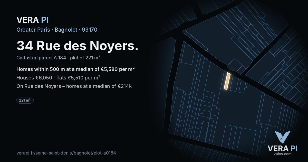 34 Rue des Noyers, Bagnolet at night – the plot lit, the parcels around coloured by the prices near them