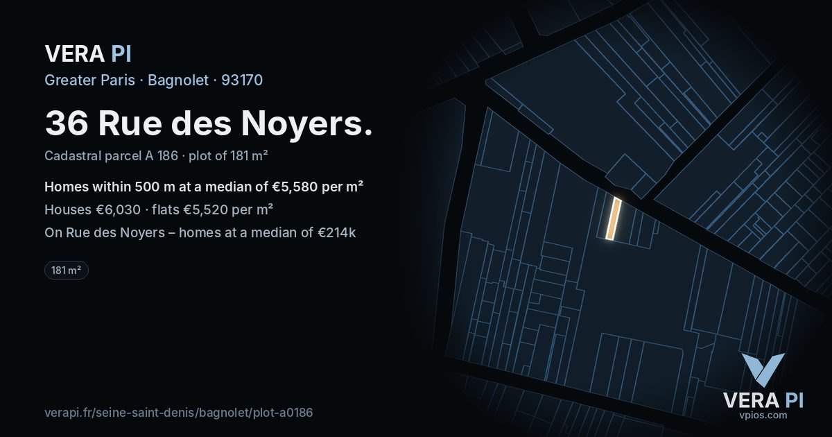 36 Rue des Noyers, Bagnolet at night – the plot lit, the parcels around coloured by the prices near them