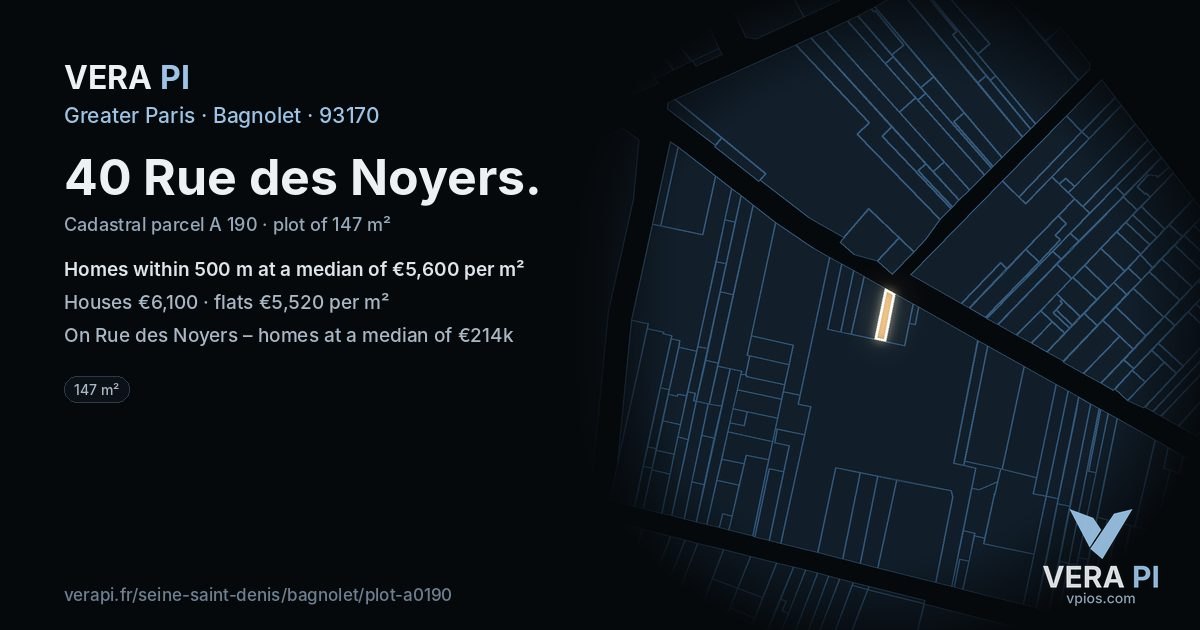 40 Rue des Noyers, Bagnolet at night – the plot lit, the parcels around coloured by the prices near them