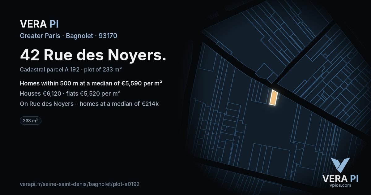 42 Rue des Noyers, Bagnolet at night – the plot lit, the parcels around coloured by the prices near them