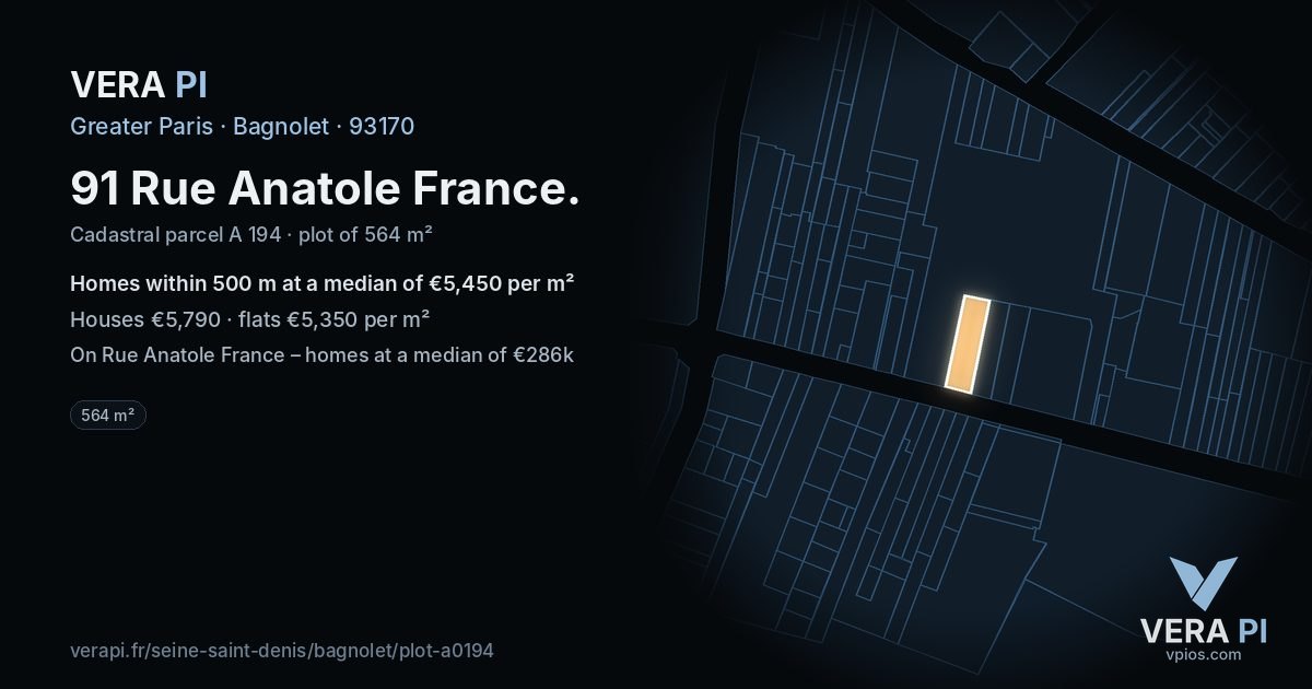 91 Rue Anatole France, Bagnolet at night – the plot lit, the parcels around coloured by the prices near them