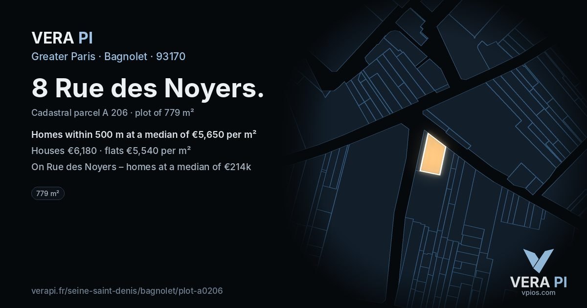 8 Rue des Noyers, Bagnolet at night – the plot lit, the parcels around coloured by the prices near them