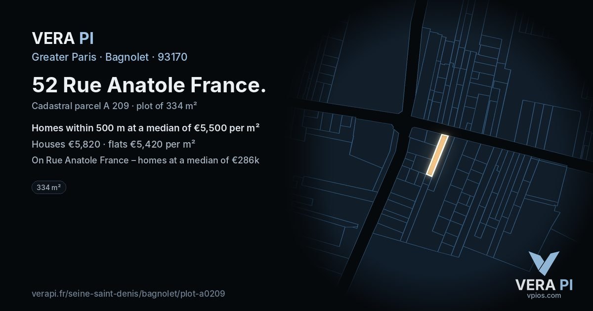 52 Rue Anatole France, Bagnolet at night – the plot lit, the parcels around coloured by the prices near them