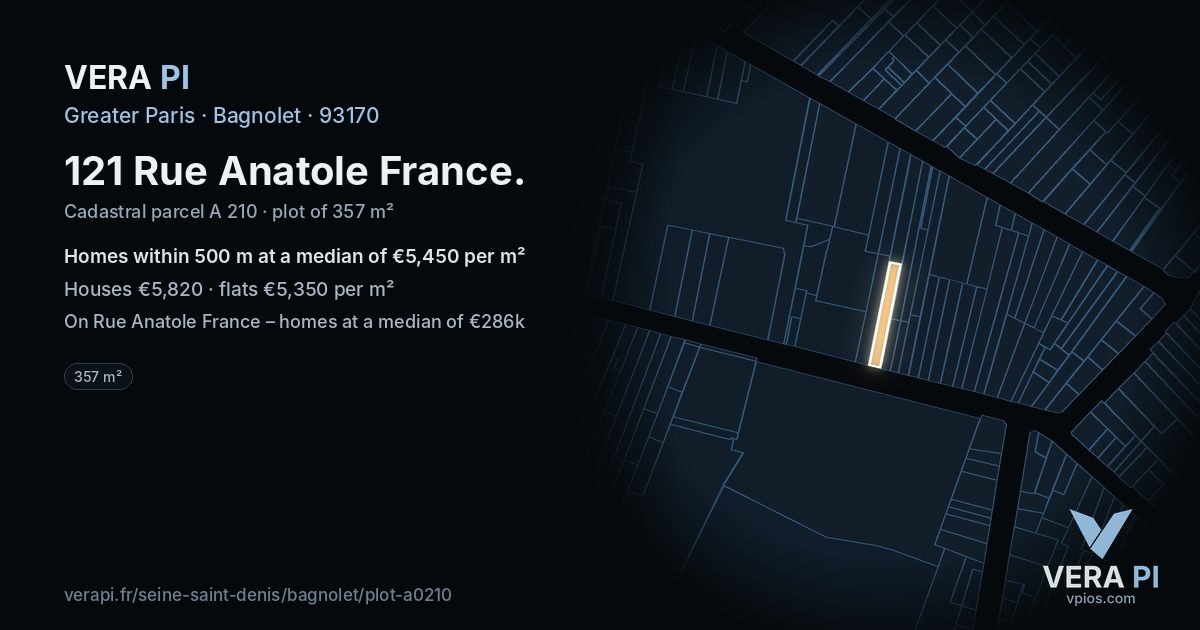 121 Rue Anatole France, Bagnolet at night – the plot lit, the parcels around coloured by the prices near them