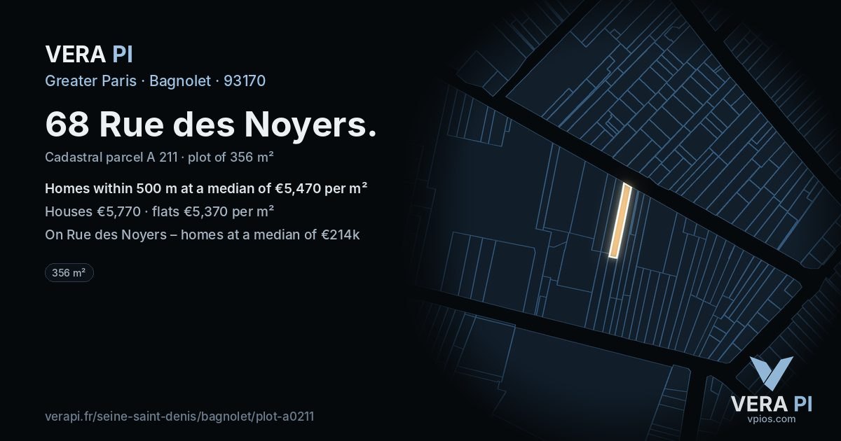 68 Rue des Noyers, Bagnolet at night – the plot lit, the parcels around coloured by the prices near them