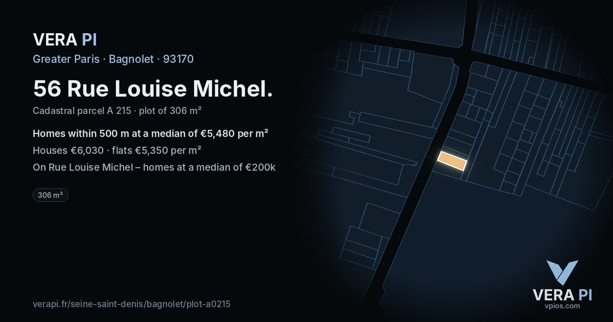 56 Rue Louise Michel, Bagnolet at night – the plot lit, the parcels around coloured by the prices near them