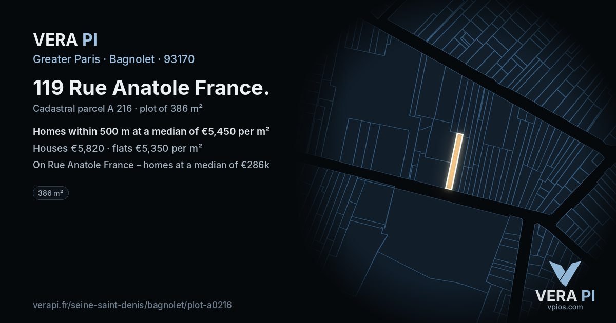 119 Rue Anatole France, Bagnolet at night – the plot lit, the parcels around coloured by the prices near them