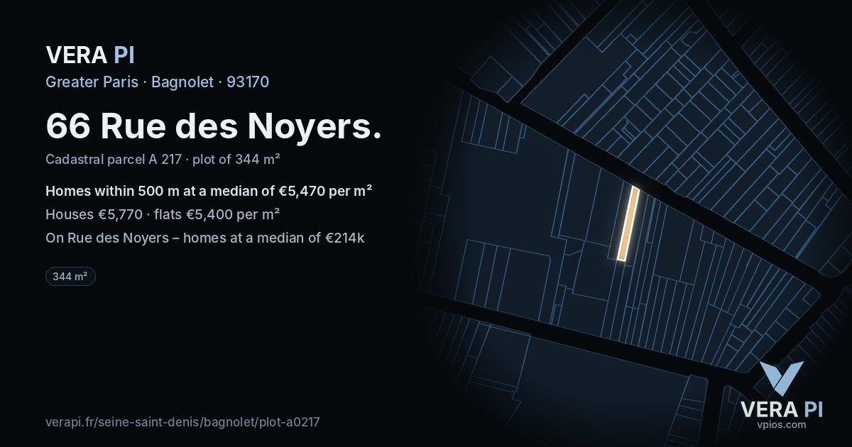 66 Rue des Noyers, Bagnolet at night – the plot lit, the parcels around coloured by the prices near them